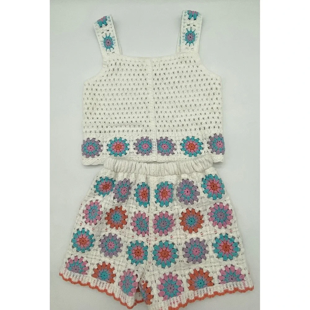btween Kids White Floral Crochet Granny Square Tank Top and Shorts Set 4T - Picture 2 of 7